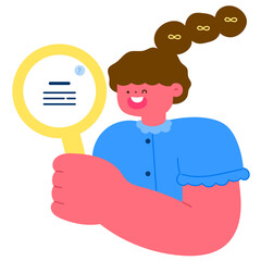Woman holding magnifying glass, market research and analysis flat vector illustration