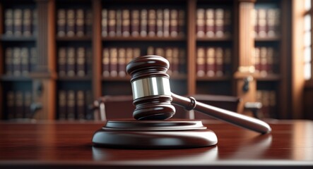 Legal office of attorneys, concept of justice and law. A judge's gavel or hammer and base placed on a desk in a courtroom with blurred legal books and a bookshelf in the background.
