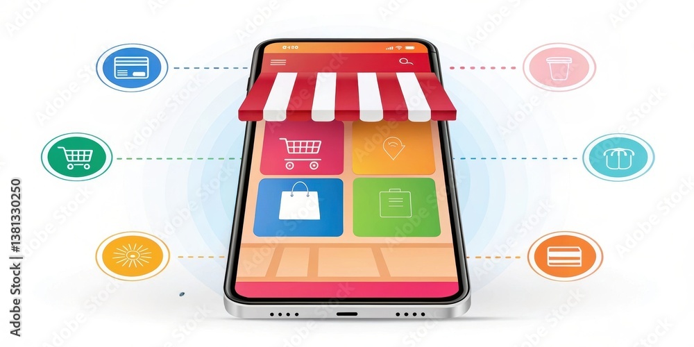 Poster mobile shopping app interface with icons representing various shopping categories and a virtual stor