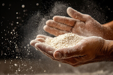 Fototapeta premium Baker's Hands Skillfully Handling Flour in a Warm Kitchen During Early Morning