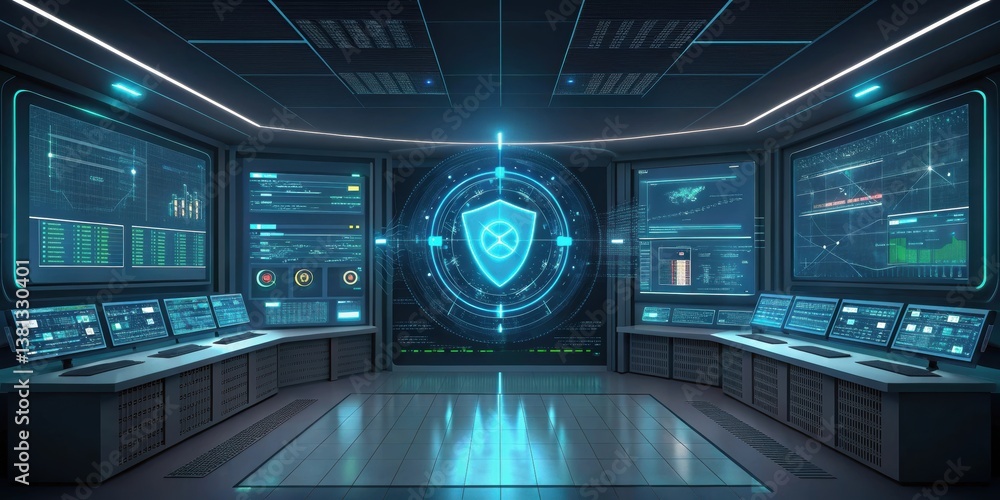  futuristic control room with multiple screens displaying data and analytics, emphasizing technology 