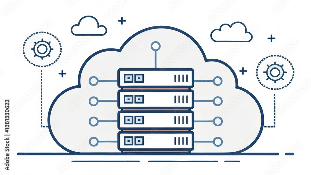 Poster cloud computing concept with servers connected, symbolizing data storage and digital technology.