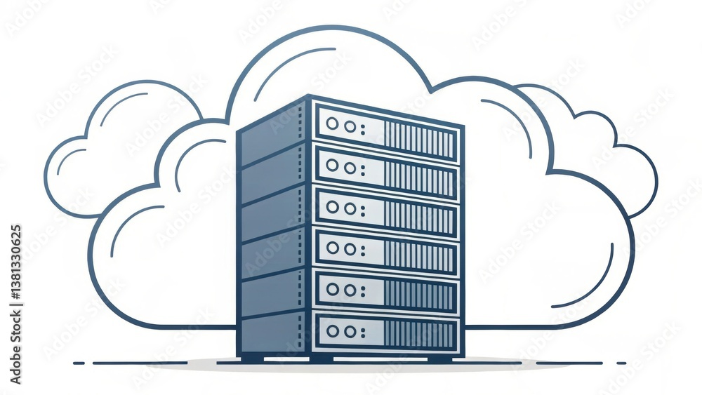Poster a cloud server illustration with stacked servers beneath stylized clouds, representing cloud computi