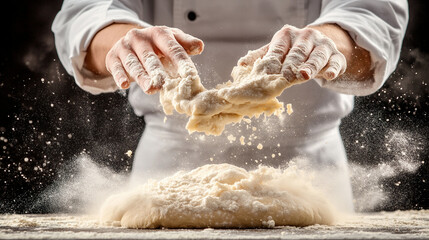 Professional Chef Skillfully Tossing Dough at a Bustling Kitchen During a Busy Dinner Service