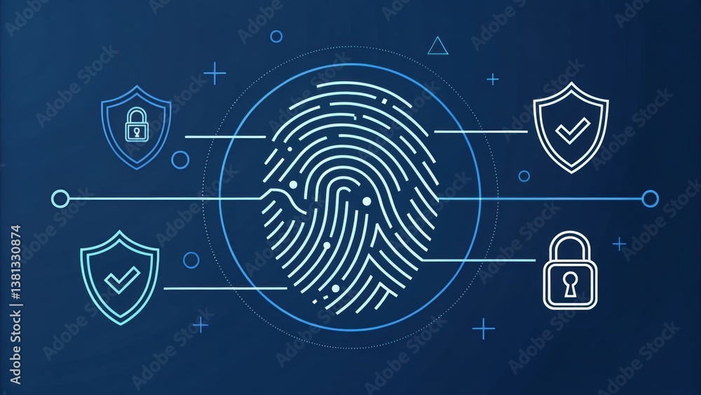 Poster fingerprint graphic with security shields, representing identity verification and protection in a di