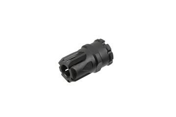 A black flash hider designed for secure attachment to firearm muzzles, built for tactical...