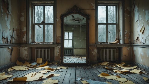 An aged and shattered mirror is located in a deserted building. Wooden mirror. Grimy and worn-out walls. The gloomy atmosphere of an abandoned structure. Light streaming through the window.
