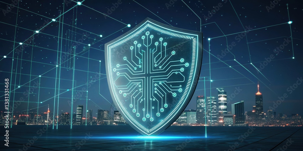 Poster digital shield design with circuit patterns, symbolizing cybersecurity and protection against online