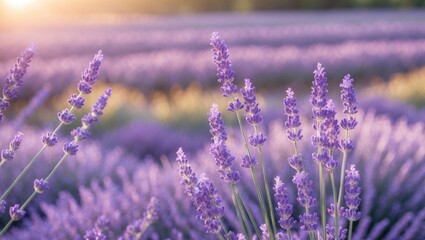 Obraz premium Lavender field. Fragrant violet lavender flowers in bloom. Lavender swaying in the wind against a sunset sky, ready for harvest.