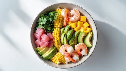 Isolated section of poke bowl featuring veggies