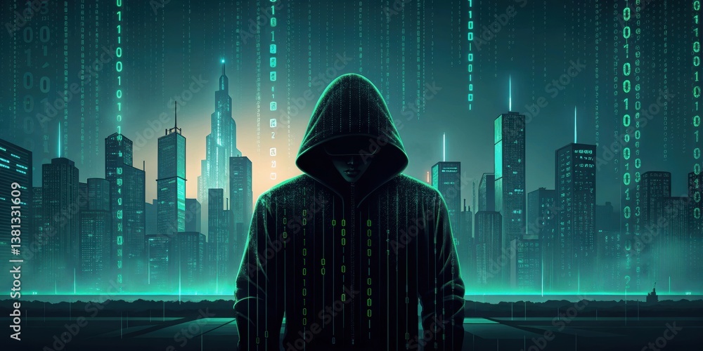 Poster mysterious figure in a hoodie stands against a futuristic cityscape with cascading binary code, evok