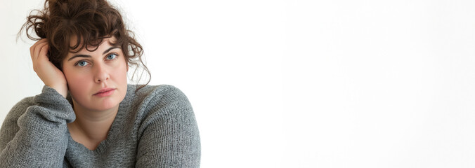 Thoughtful woman in gray sweater resting her head on hand, expressing contemplation and introspection, emotional wellness concept