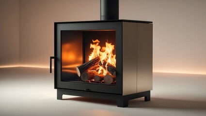 Iron stove featuring a burning wood fire, isolated against a background.