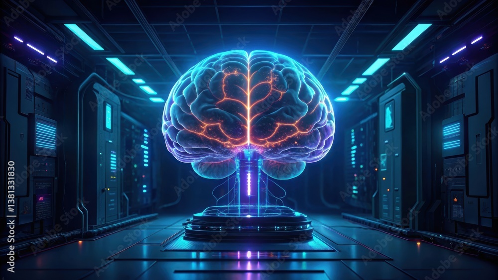 Poster a futuristic depiction of a glowing brain in a high-tech environment, symbolizing advanced technolog