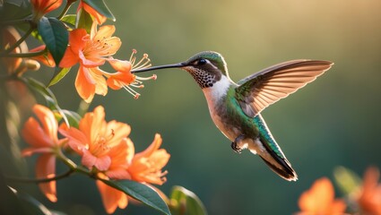 Fototapeta premium Ruby-throated Hummingbird sipping nectar from a blossom, with a vibrant green summer backdrop and empty space above.