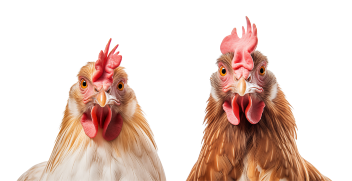 Close up shot of two chickens with red combs looking directly at the camera on a  on transparent background png
