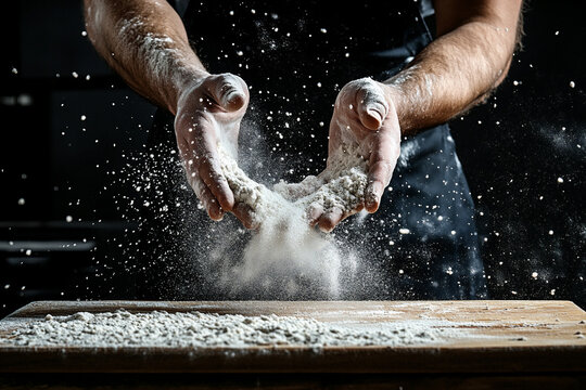 Flour Particles Float in the Air as Hands Playfully Toss Dough in a Rustic Kitchen Setting During Food Preparation