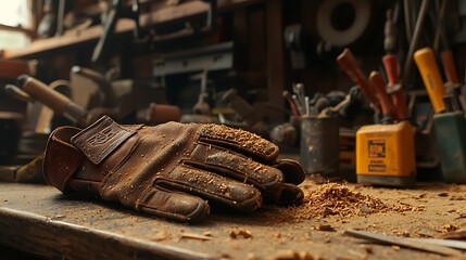 Used leather work glove on a cluttered workbench. Wood shavings and various tools fill the background