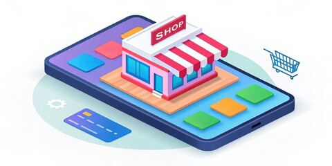 A digital illustration of a shop on a smartphone, representing online shopping and e-commerce concepts.