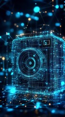 Fototapeta premium A futuristic blue hologram of a camera surrounded by digital elements photos