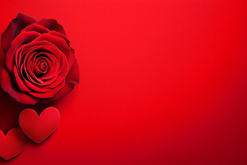 Red Rose Flower on Vibrant Red Background with Copy Space Perfect for Romantic Valentine&rsquo;s Day Greeting, Love Concept, Wedding Invitation Design, Passion Theme, or Elegant Floral Minimalist Art