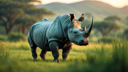 Obraz premium Portrait of an African white Rhinoceros or Rhino or Ceratotherium simum, commonly known as the Square-lipped Rhinoceros, in a wildlife reserve.