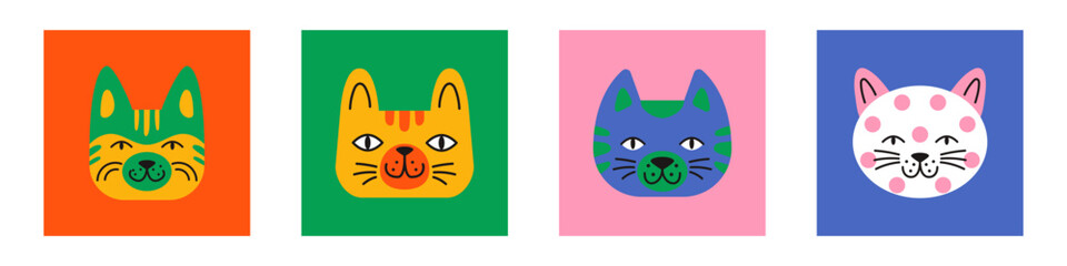 Trendy collection of funny feline faces with exaggerated expressions. Whimsical vector cat head card illustrations ideal for modern posters, banners, and social media avatars. Bright, childish charm.