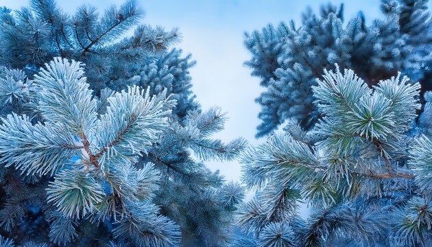 pine branches covered with rime natural winter background in blue color winter nature snowy forest christmas background horizontal banner