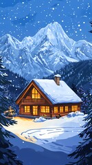 Fototapeta premium Snowy mountain cabin at night