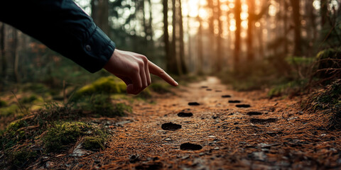 Person pointing at animal tracks on a forest trail covered with pine needles at golden hour
