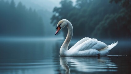 Fototapeta premium Profile of a white swan on a misty blue lake