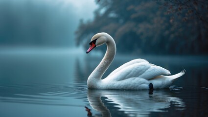 Obraz premium Profile of a white swan on a misty blue lake