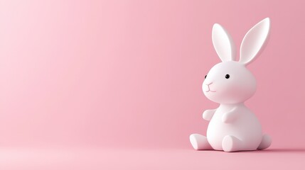 Obraz premium Cute White Rabbit Toy Sitting on Pink Background - Minimalist Studio Shot for Children's Products and Easter Themes