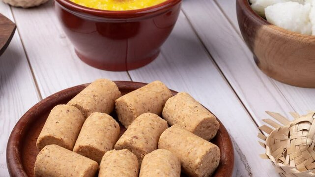 Typical brazilian june festival food over wooden table. Festa junina