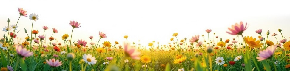 Obraz premium Sunlit wildflower meadow, pure white backdrop , design, greenery