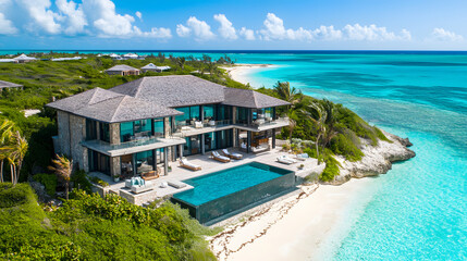 Obraz premium A luxurious beachfront villa with an open-plan living area, infinity pool, and panoramic views of the turquoise ocean, perfect for a tropical getaway.