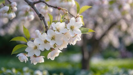 Obraz premium Prunus cerasus in bloom, showcasing a cluster of lovely white petals from tart cherry flowers. A garden fruit tree adorned with blossoms.