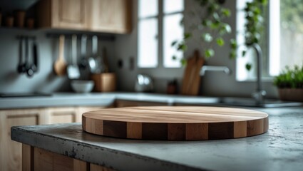 Kitchen countertop featuring an empty wooden board with a blurred interior backdrop. Product podium tabletop.