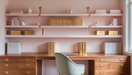 Pink room with shelves holding books boxes and vases over wood desk. Light blue chair faces wooden desk with drawers and golden handles.