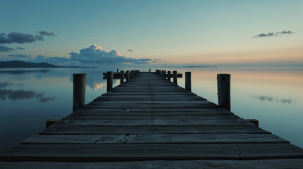 Fototapeta premium Aged wooden pier stretches into tranquil twilight waters