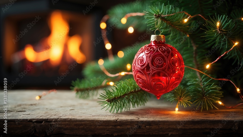 Poster empty wooden table adorned with a red bauble, fir branch, and bokeh lights creating a warm glow in t