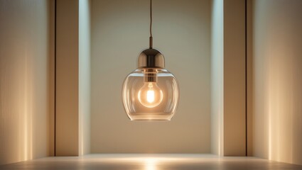 Lamp with a glass shade hanging from the ceiling in the room.