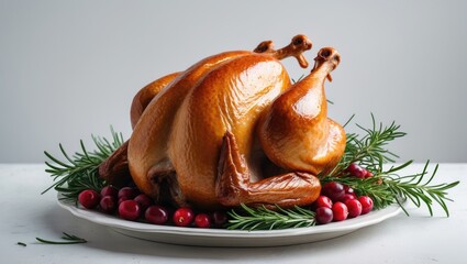 Platter of roasted turkey garnished on a white background.