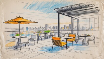 Fototapeta premium Sketch of rooftop restaurant overlooking city. Terrace features tables, chairs, umbrella and roof. Hand drawn colored pencil illustration with sky background.
