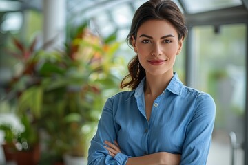 Confident Businesswoman in Blue Shirt Poses with Arms Crossed and Smiles for Portrait.