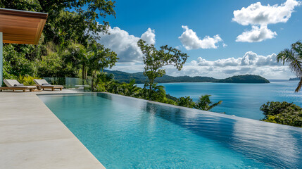 Obraz premium A luxurious beachfront villa with panoramic sea views, surrounded by lush tropical gardens, infinity pool, and modern architecture.