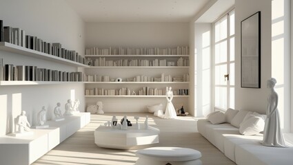 Bright room interior with shelves of books. White sculptures and furniture fill the space with sunlight from large windows.