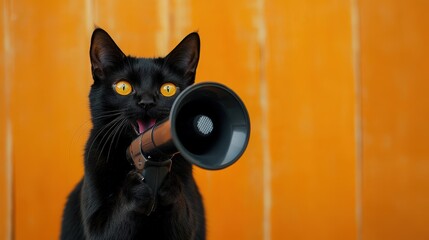 Playful Cat Holding Vintage Microphone, Expressive Portrait, Studio Shot, Orange Background, Creative Animal Concept.
