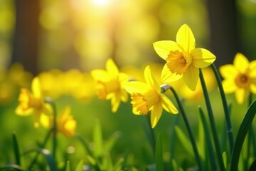 Obraz premium Sunny meadow ablaze with bright yellow daffodils, beautiful, background