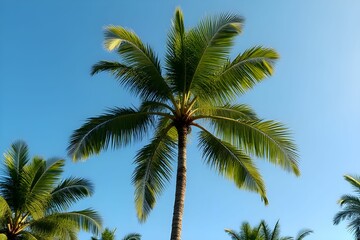 Coconut palm tree. The tranquil atmosphere evokes feelings of relaxation, vacation, and tropical paradise.